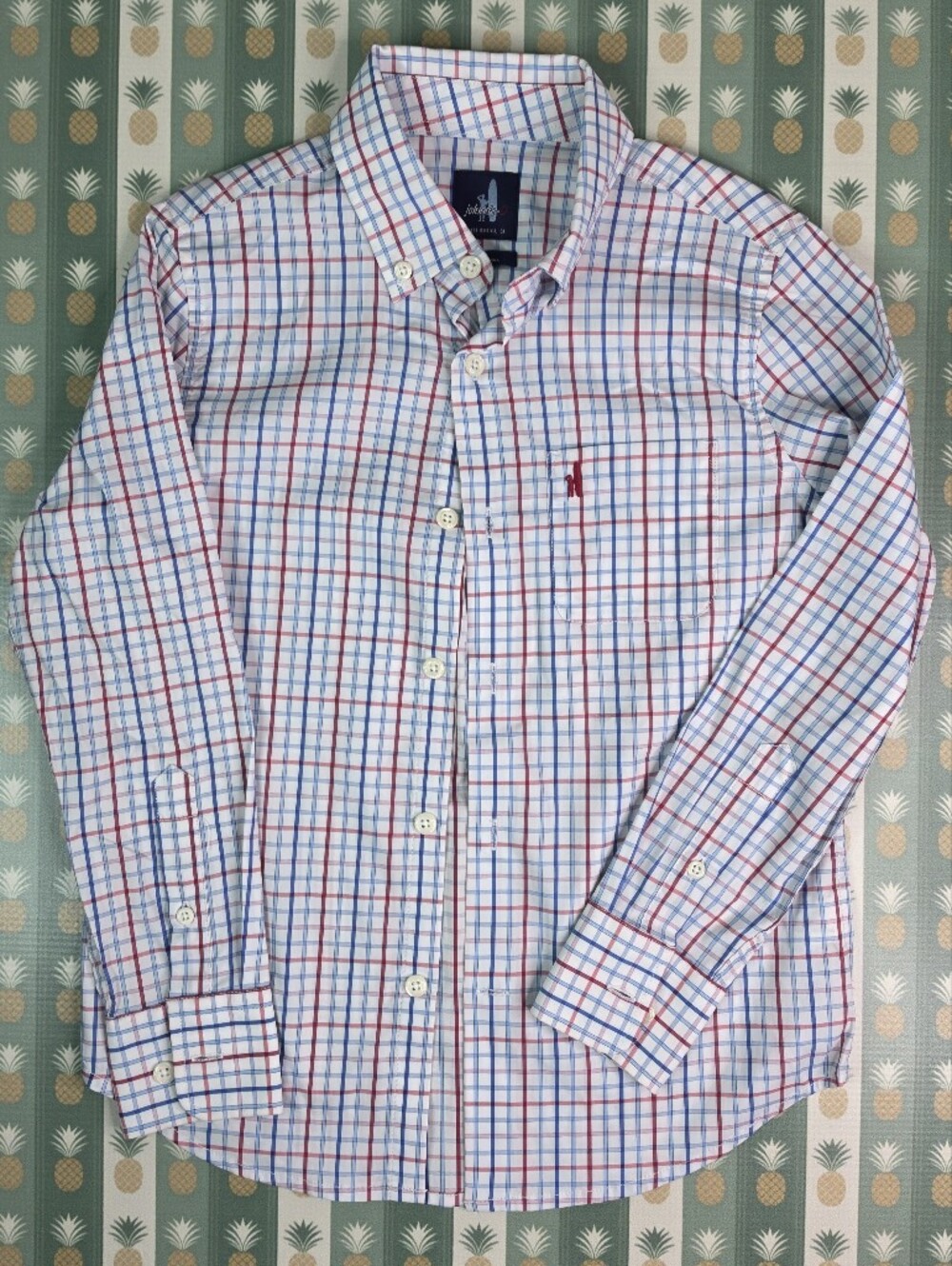 Johnnie O White Plaid Button-Down Shirt with Red & Blue Checks